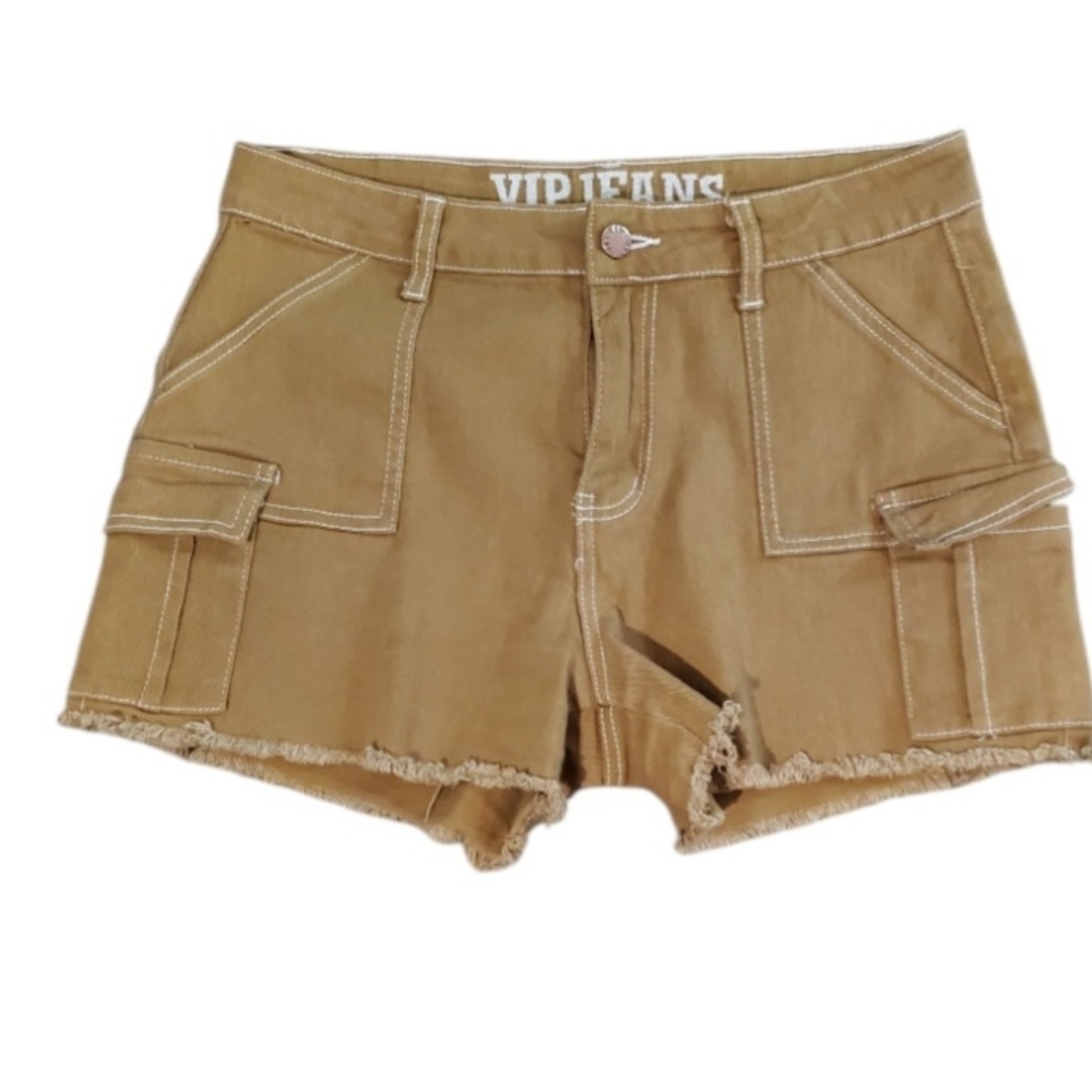 VIP Jean Shorts Tan Womens 9/10 Cutoff Frayed Brown Summer Beach Boho Cargo